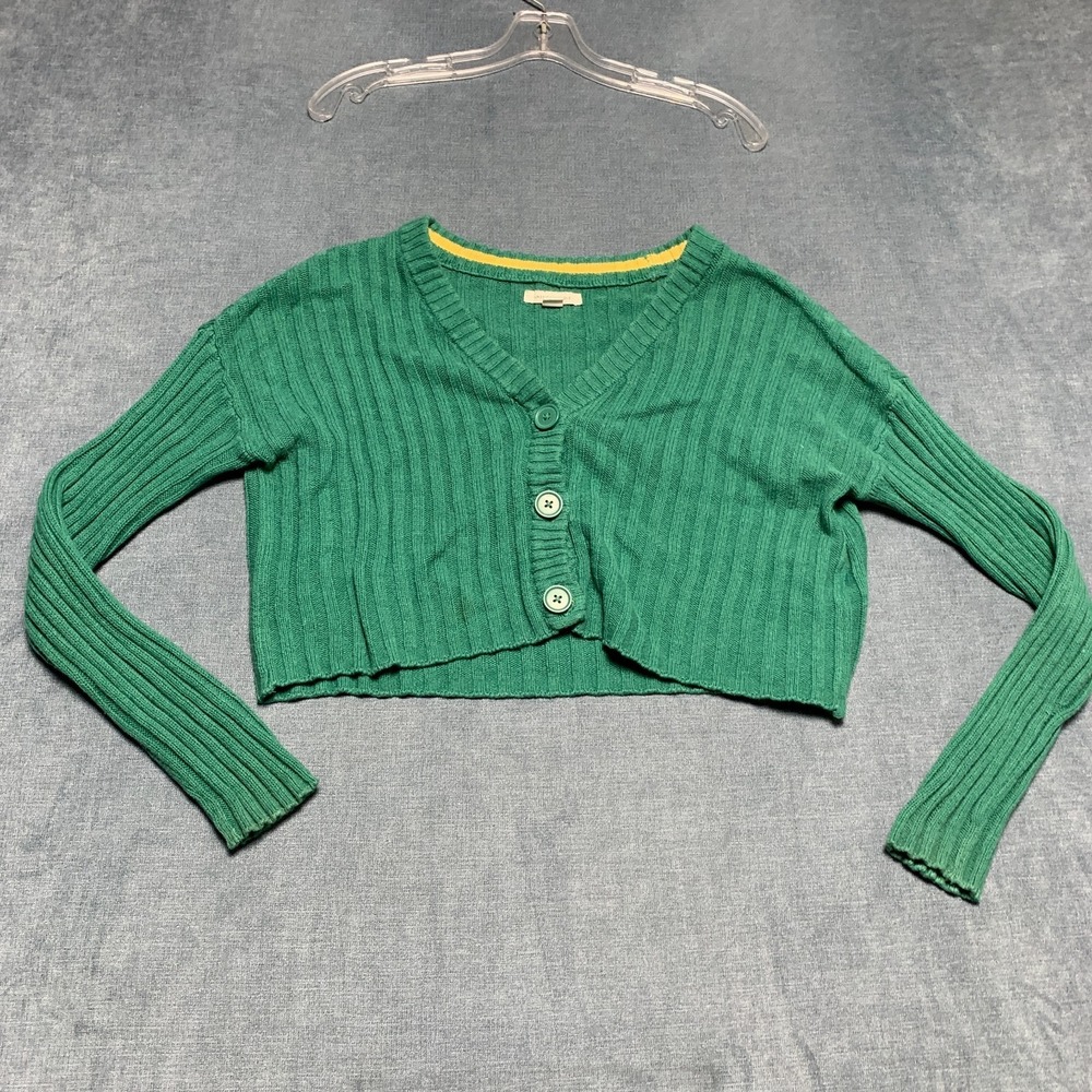 American Eagle Cropped Cardigan Sweater Womens XS Green Ribbed Knit Button Front